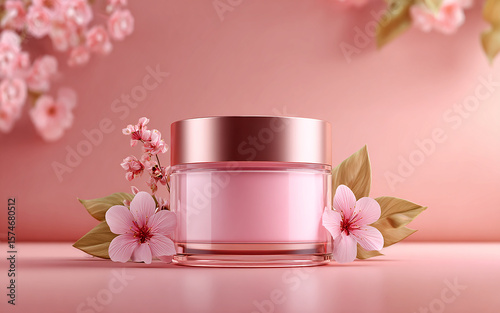 Wallpaper Mural Realistic Skincare Cream Jar on Pastel Pink Glossy Background with Natural Light and Floral Elements Torontodigital.ca