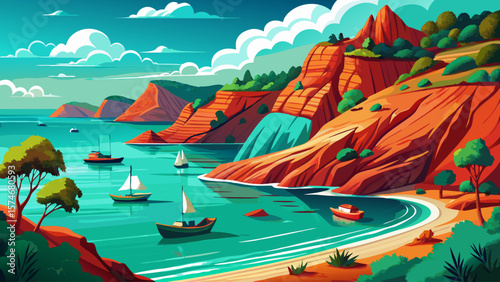 Lake Malawi, Malawi – Turquoise water laps red cliffs against emerald forests. Fishing boats drift in gentle breeze under clear African sky.