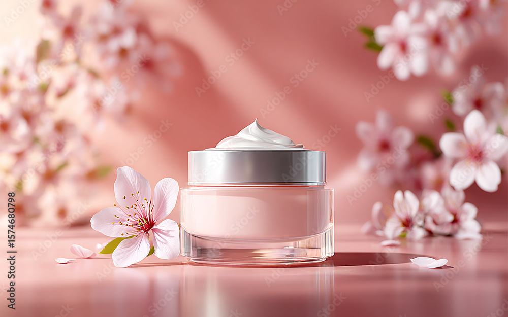 Realistic Skincare Cream Jar on Pastel Pink Glossy Background with Natural Light and Floral Elements Realistic Skincare Cream Jar on Pastel Pink Glossy Background with Natural Light and Floral Elements