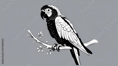  Black and White Illustration of a Parrot on a Branch