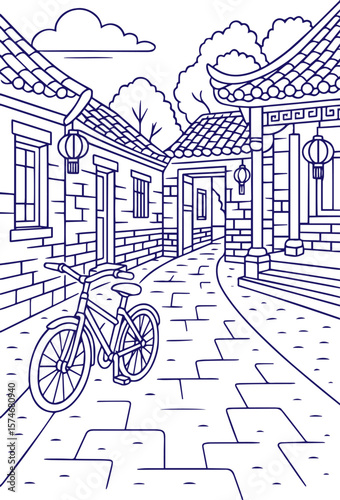 Bicycle parked on stone path in traditional Asian courtyard