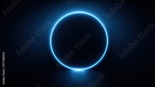 High quality photo of abstract render of a simple blue background with a glowing neon ring and blank round frame, , render, abstract, blue, background.