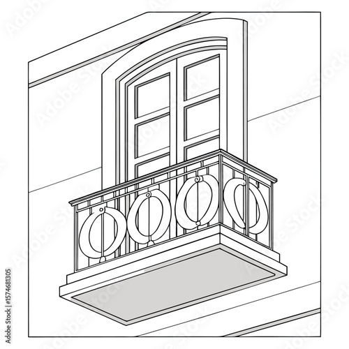 Illustration of a balcony with a decorative railing and arched window in a line drawing style art