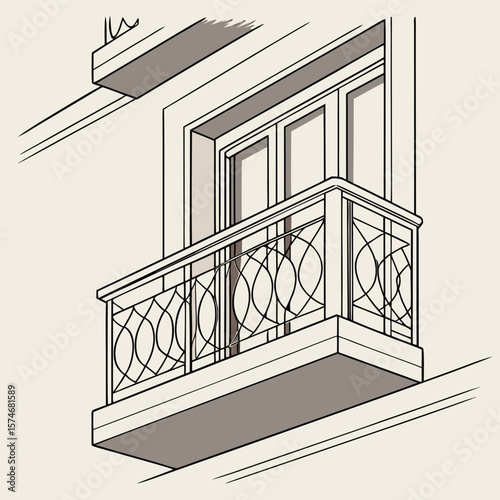 Illustration of a balcony with decorative railing and a door on a building facade, angled view