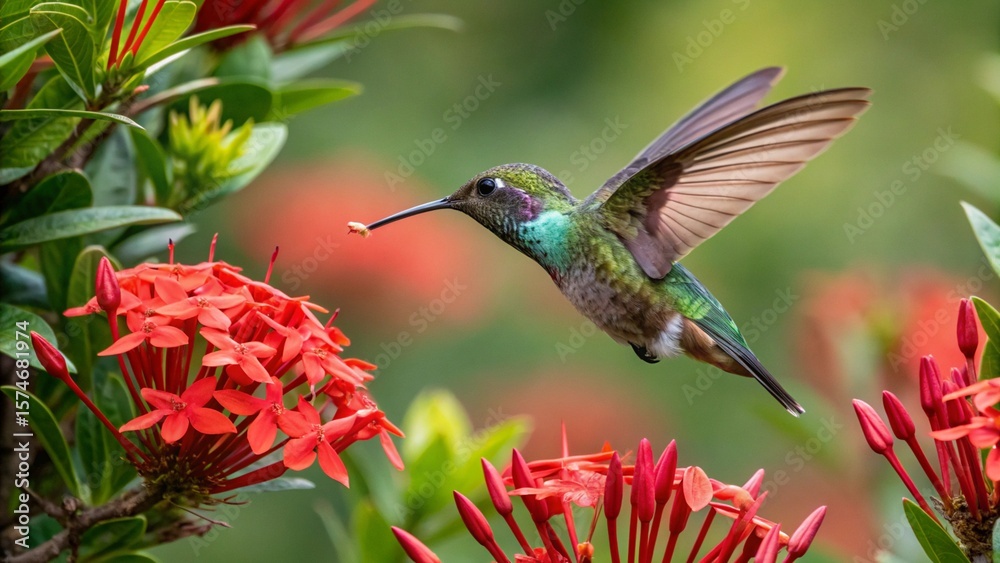 Fototapeta premium Hummingbird flying near red flowers photo