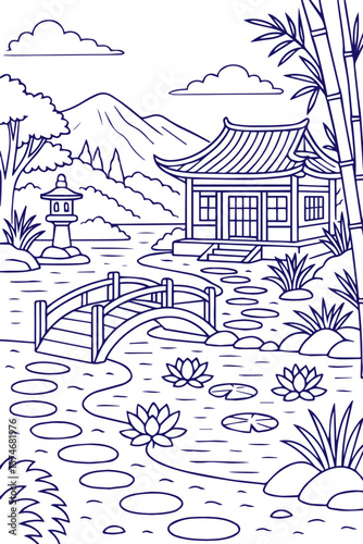 Traditional Japanese garden with bridge and pavilion in line art