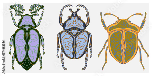 Stylized decorative illustration of a beetle with intricate Art Nouveau patterns inspired by nature.
