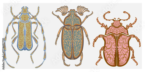 Stylized decorative illustration of a beetle with intricate Art Nouveau patterns inspired by nature.