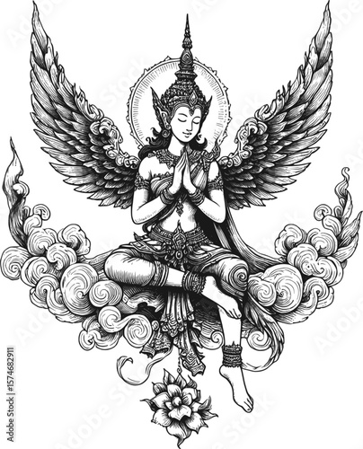 Heaven’s Touch: A Thai Angel’s Smile with wings linework vintage ink sketch hand drawn pen drawing illustration background vector