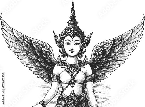 Sacred Beauty: Wings of Thai Tradition angel with wings linework vintage ink sketch hand drawn pen drawing illustration background vector