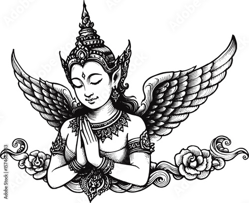 Luminous Guardian: The Angel of Bangkok Thai angel with wings linework vintage ink sketch hand drawn pen drawing illustration background vector