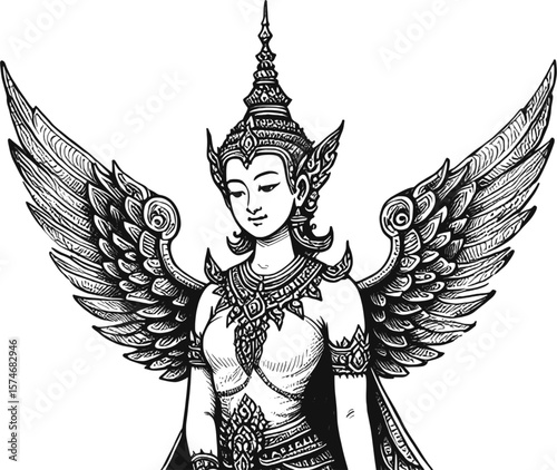 Ethereal Thai Dream: Angelic Presence angel with wings linework vintage ink sketch hand drawn pen drawing illustration background vector