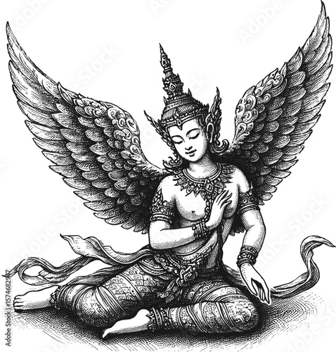 Gilded Wings: A Thai Angel’s Flight with wings linework vintage ink sketch hand drawn pen drawing illustration background vector