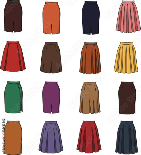Vector illustration set of diverse women's skirts in various styles, lengths, and colors, including A-line, pencil, and pleated designs, representing fashion, versatility, and female apparel.