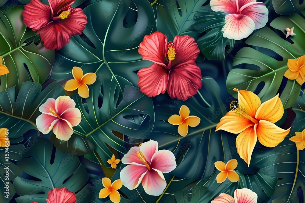 custom made wallpaper toronto digitalSeamless tropical floral pattern, vibrant hibiscus and plumeria flowers, bold monstera leaves, colorful jungle theme, exotic nature, tileable surface