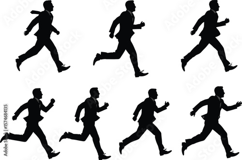 Businessman running silhouette, motion sequence vector, corporate urgency concept, professional suit illustration, dynamic action, isolated black figure, marketing use