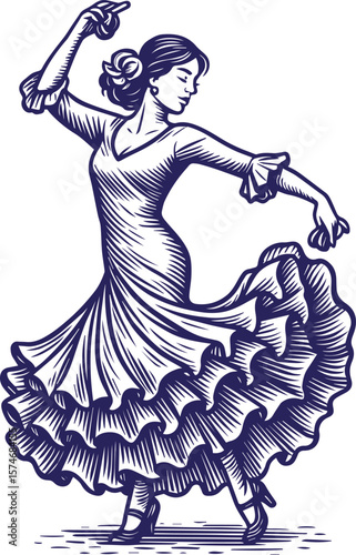 Flamenco dancer woman performing in traditional dress illustration