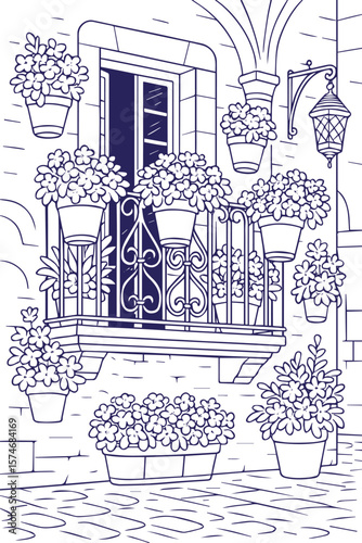 Spanish balcony with potted flowers in line art style illustration