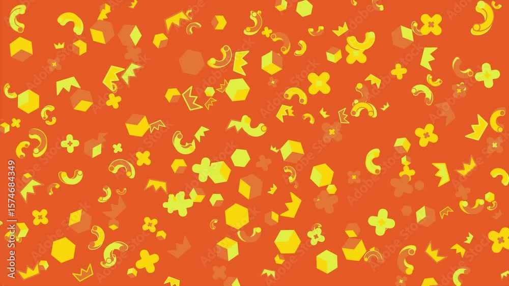 Orange background with yellow geometric shapes. Abstract seamless memphis loop video background.