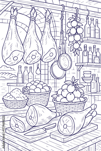 Spanish deli interior with ham, fruits and wine in line art style