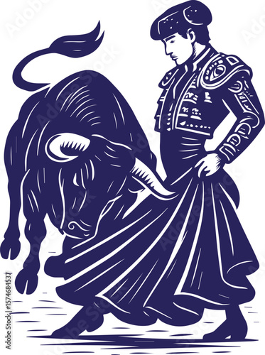 Matador fighting bull in traditional outfit in vintage style