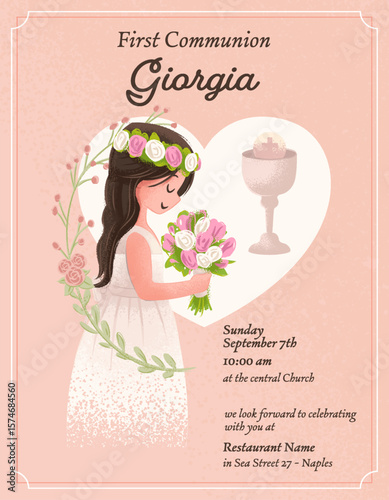 postcard invitation to a little girl's first communion, cute illustration