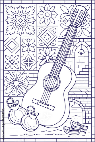 Spanish guitar and castanets with tile background in line art