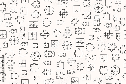 Seamless pattern of puzzle or mosaic pieces, in doodle style. Hand drawn vector illustration. White background. Vector