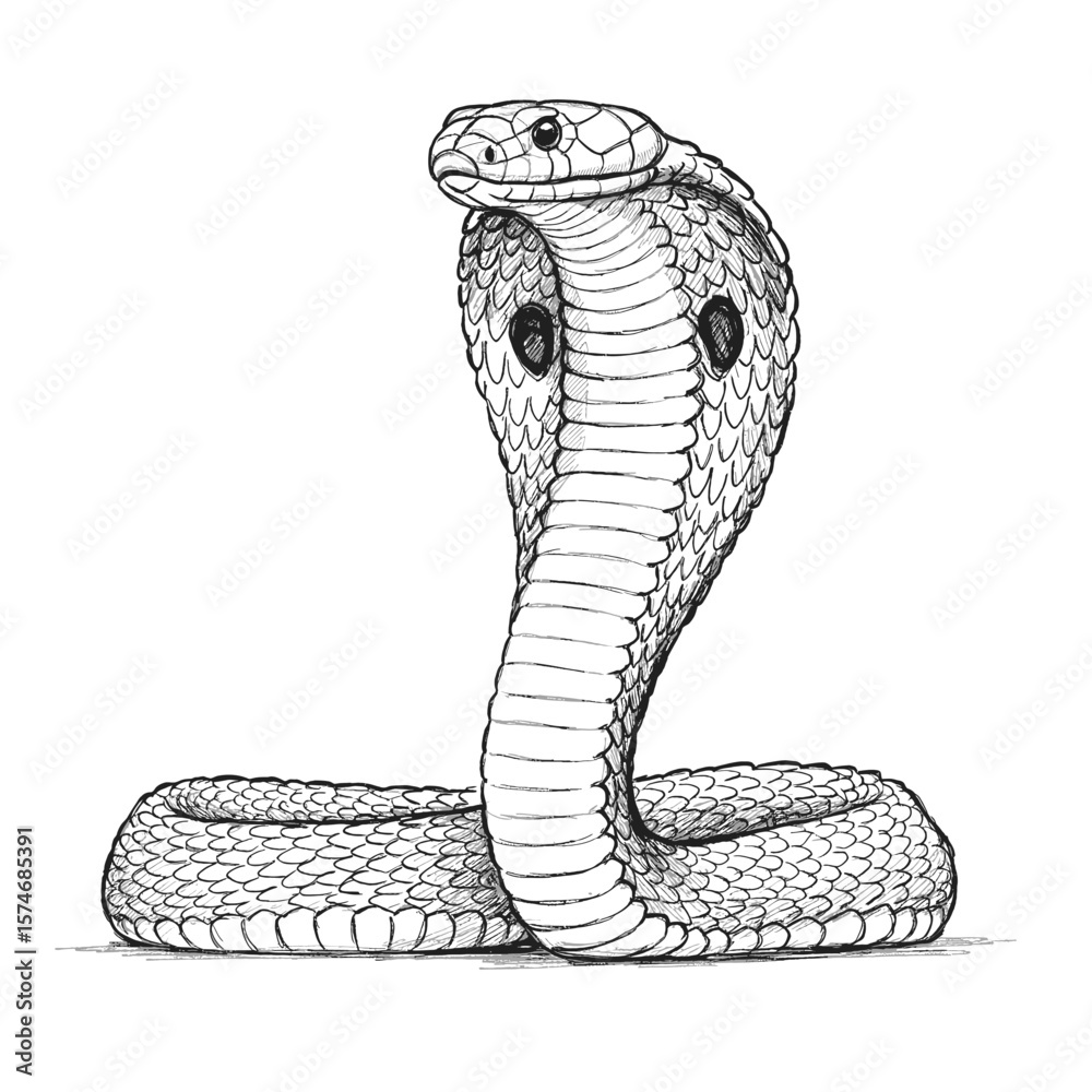 Fototapeta premium A majestic sketch of a cobra, showcasing its coiled body and venomous nature. The black and white illustration highlights the snake's detailed scales, ideal for wildlife art and nature-themed designs.