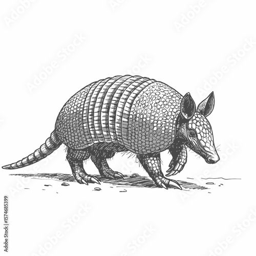 Giant Armadillo – Priodontes maximus. Sturdy armadillo sketch reveals armored plates on white background. Wildlife illustration concept