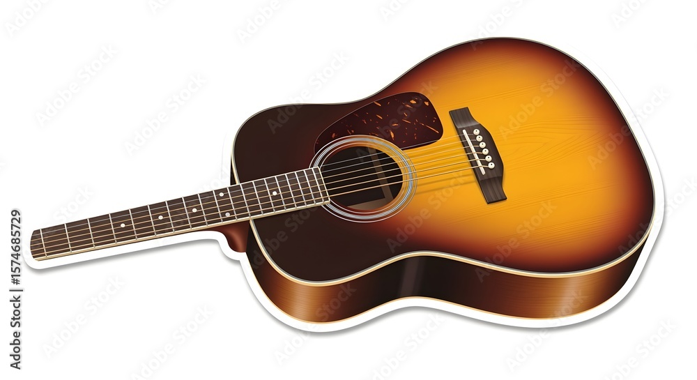 Obraz premium Acoustic Guitar Sunburst Color Lying Flat on White Background