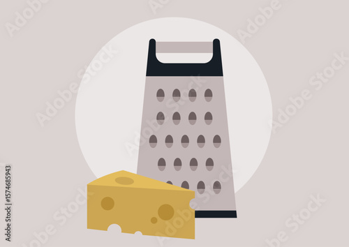 A close-up of a grater and a block of cheese showcases the preparation of culinary delights, highlighting the textures and colors of the ingredients in an inviting kitchen setting