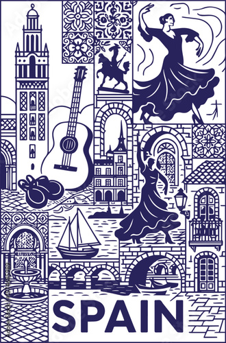 Spanish culture collage with flamenco dancers and landmarks