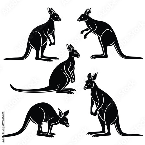 Collection of silhouettes of a kangaroo
 with whit background