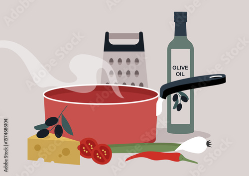 A vibrant red cooking pan simmers with a rich pasta sauce, surrounded by fresh tomatoes, cheese, onions, and a bottle of olive oil, evoking culinary creativity in a cozy kitchen