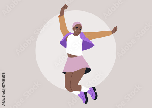A vibrant girl with short hair jumps excitedly, showcasing her playful spirit, Dressed in a chic, colorful outfit, she embodies joy against a soft background, creating a lively atmosphere