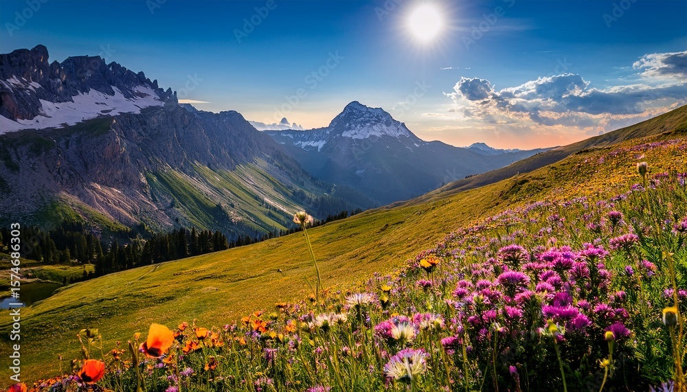 Fototapeta premium alpine meadows during the summer and capture the vibrant colors of wildflowers against the backdrop of majestic mountains