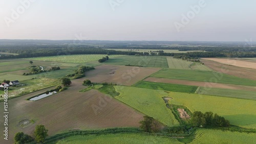 Scenic Aerial View of Rolling Green Fields, Forest and Hills Under a Cloudy Blue Sky
