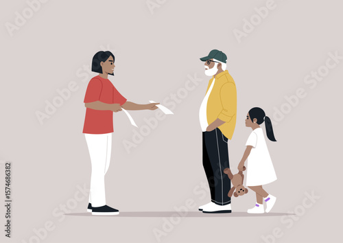 A volunteer engages warmly with a grandfather and a young girl, distributing flyers about community activities designed to inspire and encourage local family participation