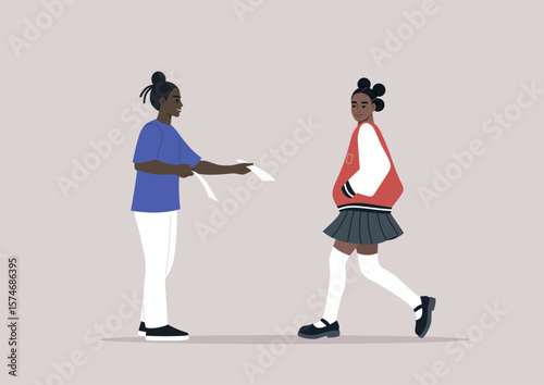 Two young individuals interact as one hands a flyer promoting volunteer opportunities in their local community, encouraging a student to join the cause and make a difference