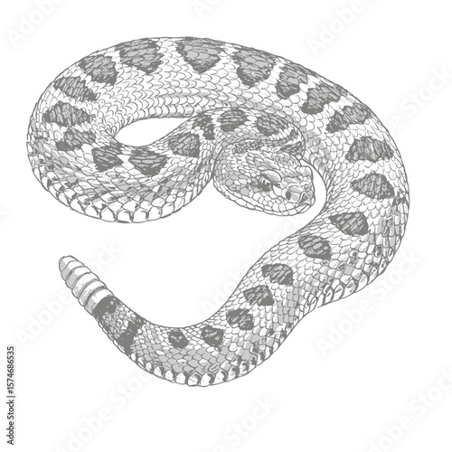 Eastern Diamondback Rattlesnake - Crotalus adamanteus. Graceful python snake sketch reveals intricate scales on white background. Wildlife illustration concept