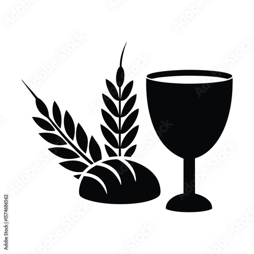 chalice and host with wheat ears and vine. FIrst communion christian color vector illustration
