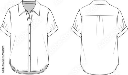 Short sleeve shirt CAD drawing, flat sketch template, vector fashion illustration, apparel design, front and back view, sewing pattern