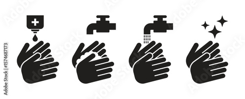 Handwashing icon collection. Hand hygiene sign to prevent germs. Handwashing instruction symbol. Vector illustration