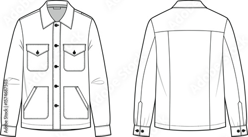 Utility jacket CAD drawing, front and back view, flat sketch vector illustration, fashion template for garment design, technical apparel sketch