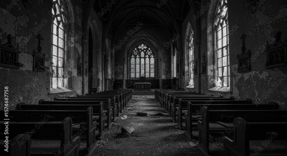 Obraz premium Eerie tranquility in the ruins of an old church lost in time and memories of the past