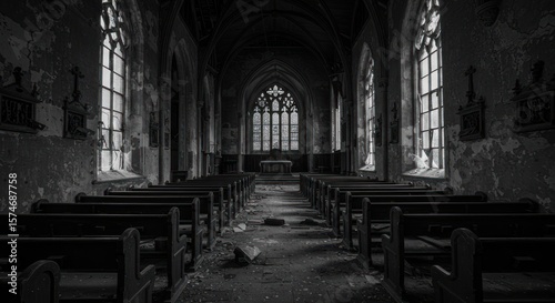 Eerie tranquility in the ruins of an old church lost in time and memories of the past