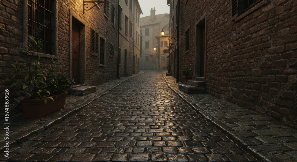 Fototapeta premium Enigmatic cobblestone pathway through antique european township with timeless allure
