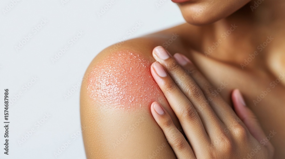 Fototapeta premium Close-up of Skin Texture with Red Irritation on Female Shoulder