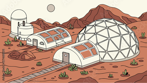 Illustration of a mars colony with habitats domes and a tower under a moon in a desolate landscape